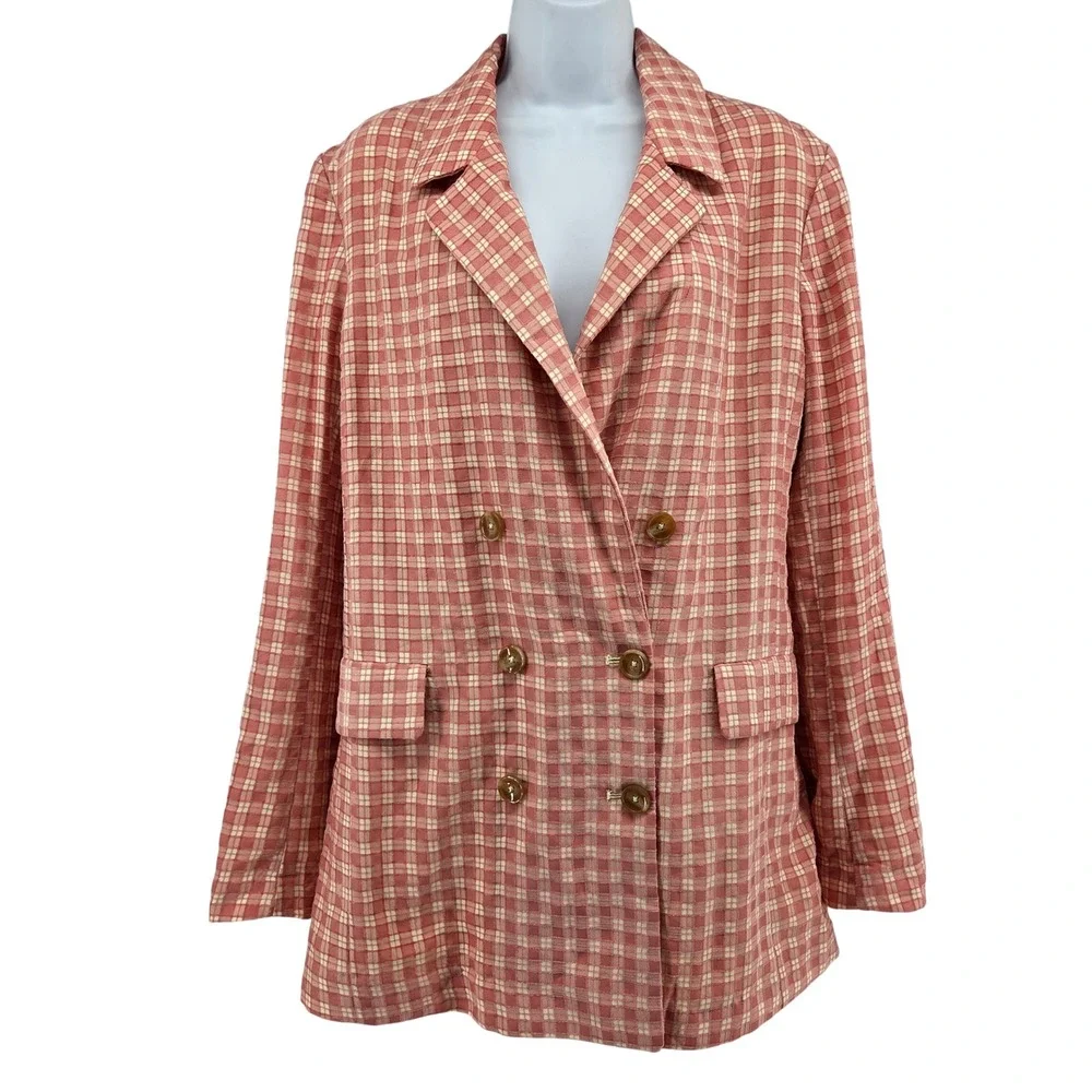 Free People Olivia Gingham Blazer M Pink Plaid Double Breasted Belted